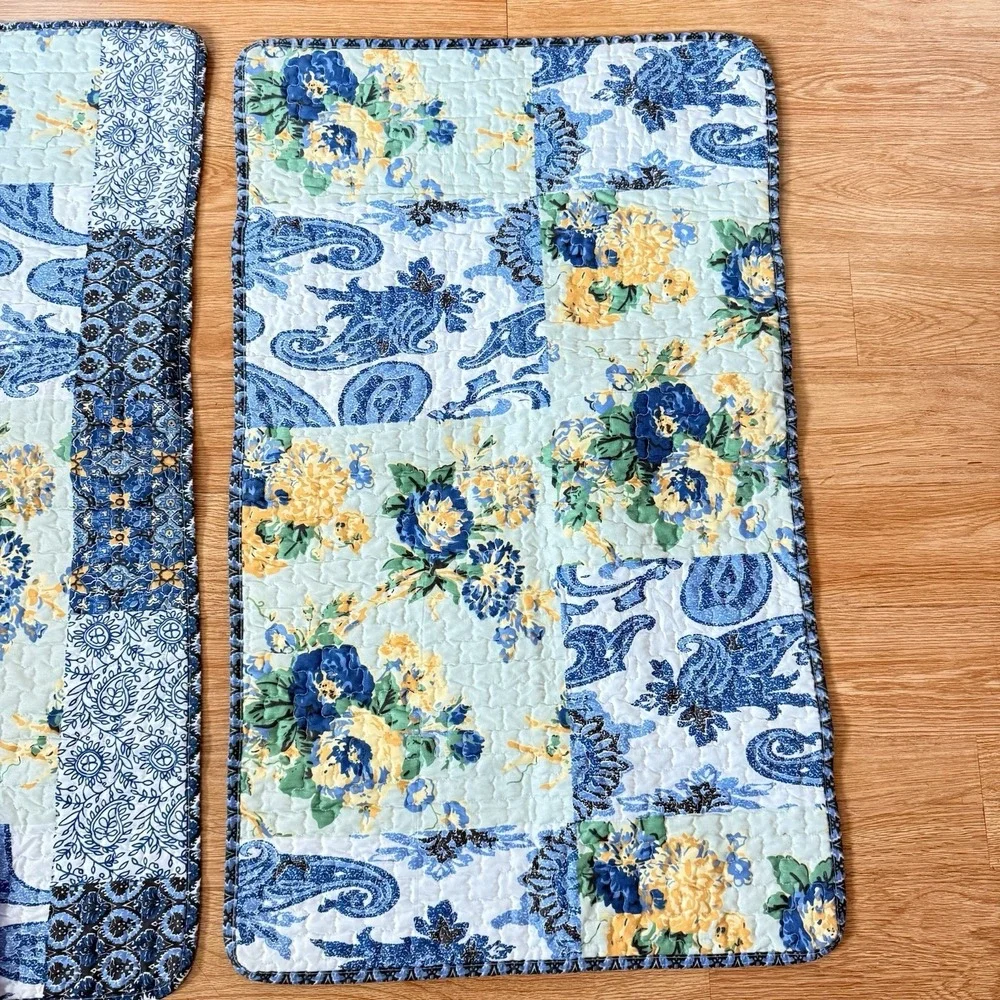 2 Patchwork Quilted King Size Pillow Shams Cobalt Blue Paisley Cottagecore Set